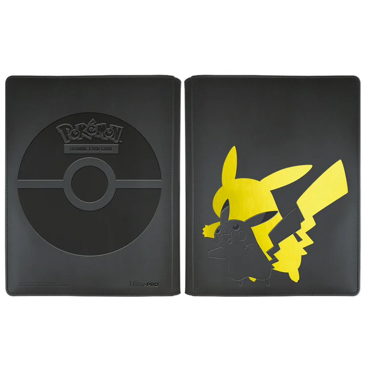 Two black Pokémon Ultra Pro playmat sleeves shown side by side on a white background. The left sleeve features a large embossed Pokémon Ultra Pro Ball logo, and the right sleeve features a large yellow and black Pikachu graphic.