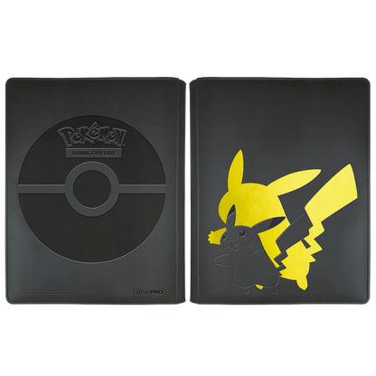 Two black Pokémon Ultra Pro playmat sleeves shown side by side on a white background. The left sleeve features a large embossed Pokémon Ultra Pro Ball logo, and the right sleeve features a large yellow and black Pikachu graphic.