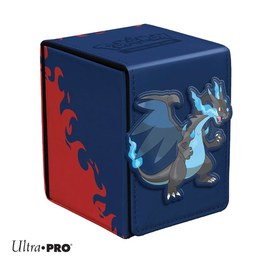 A blue and red Pokémon Ultra Pro card protector box featuring Charizard on the front, shown on a white background with the Ultra Pro logo in the bottom left corner.