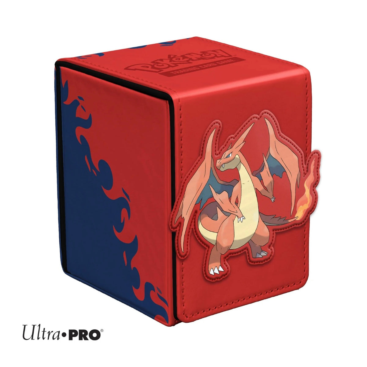 A red and navy blue Pokémon Ultra Pro cube box featuring Charizard artwork on the front, shown on a clean white background.