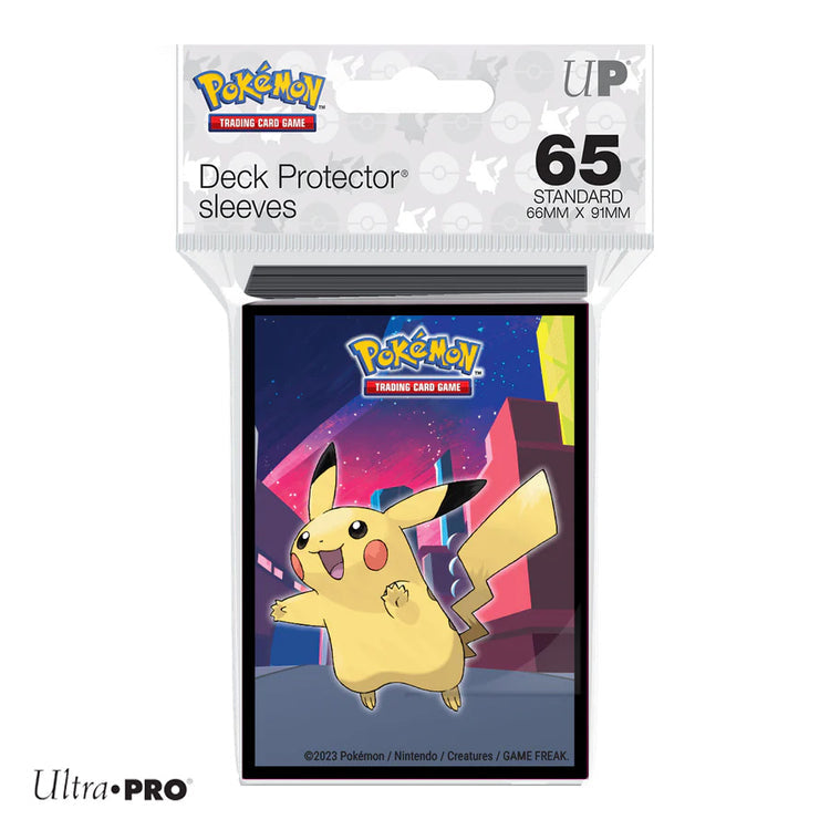 Pokémon Ultra Pro deck protector sleeves in a clear plastic blister pack, featuring Pikachu artwork on the sleeve insert and text indicating 65 standard sleeves.