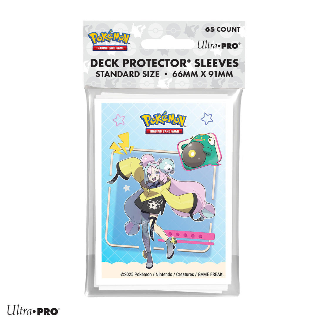 Ultra Pro Pokémon Trading Card Game deck protector sleeves, 65 count, standard size 66mm x 91mm. The packaging features a colorful anime character illustration on the sleeve insert.