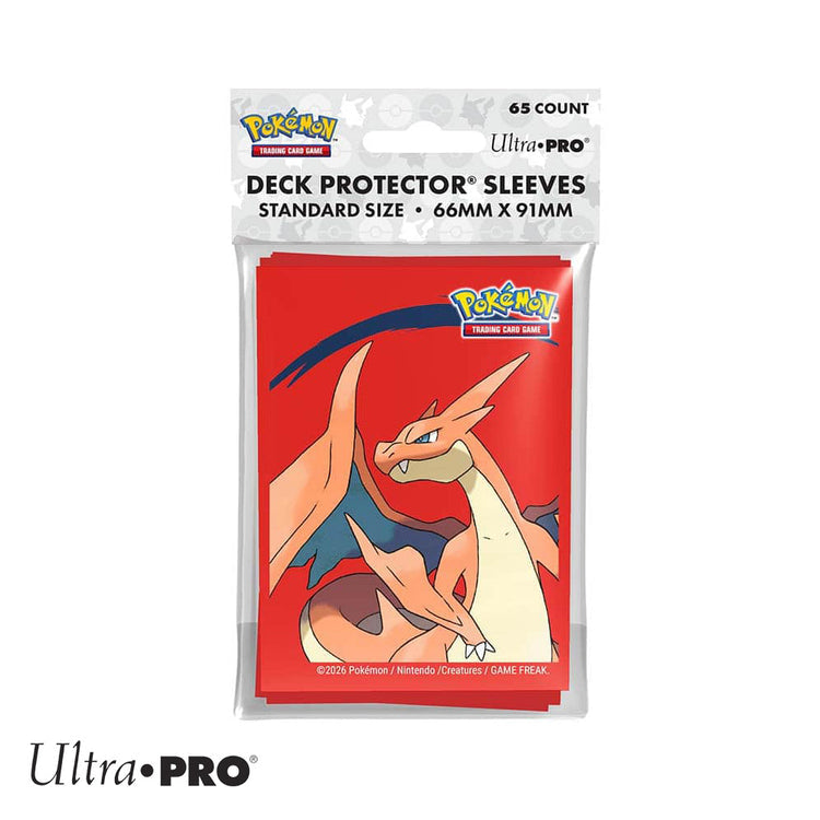 Pack of Ultra Pro Pokémon Deck Protector Sleeves with a Charizard design on a red background.