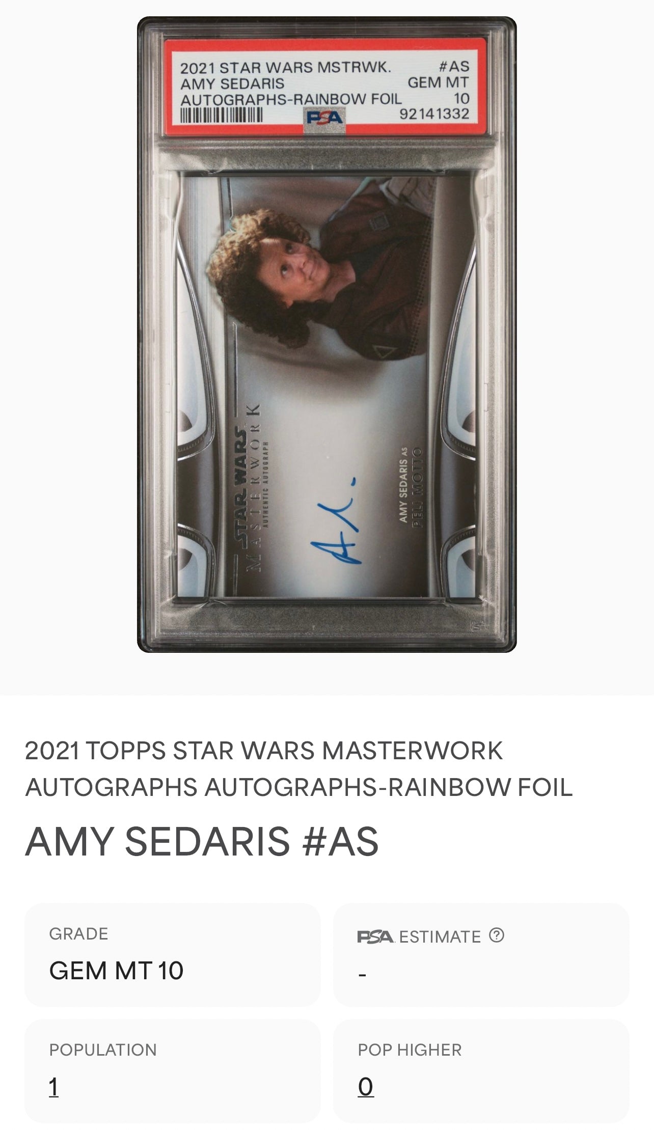 Amy Sedaris as Peli Motto #19/50, Autographed Rainbow Foil (Star Wars Masterwork 2021) - POP 1!