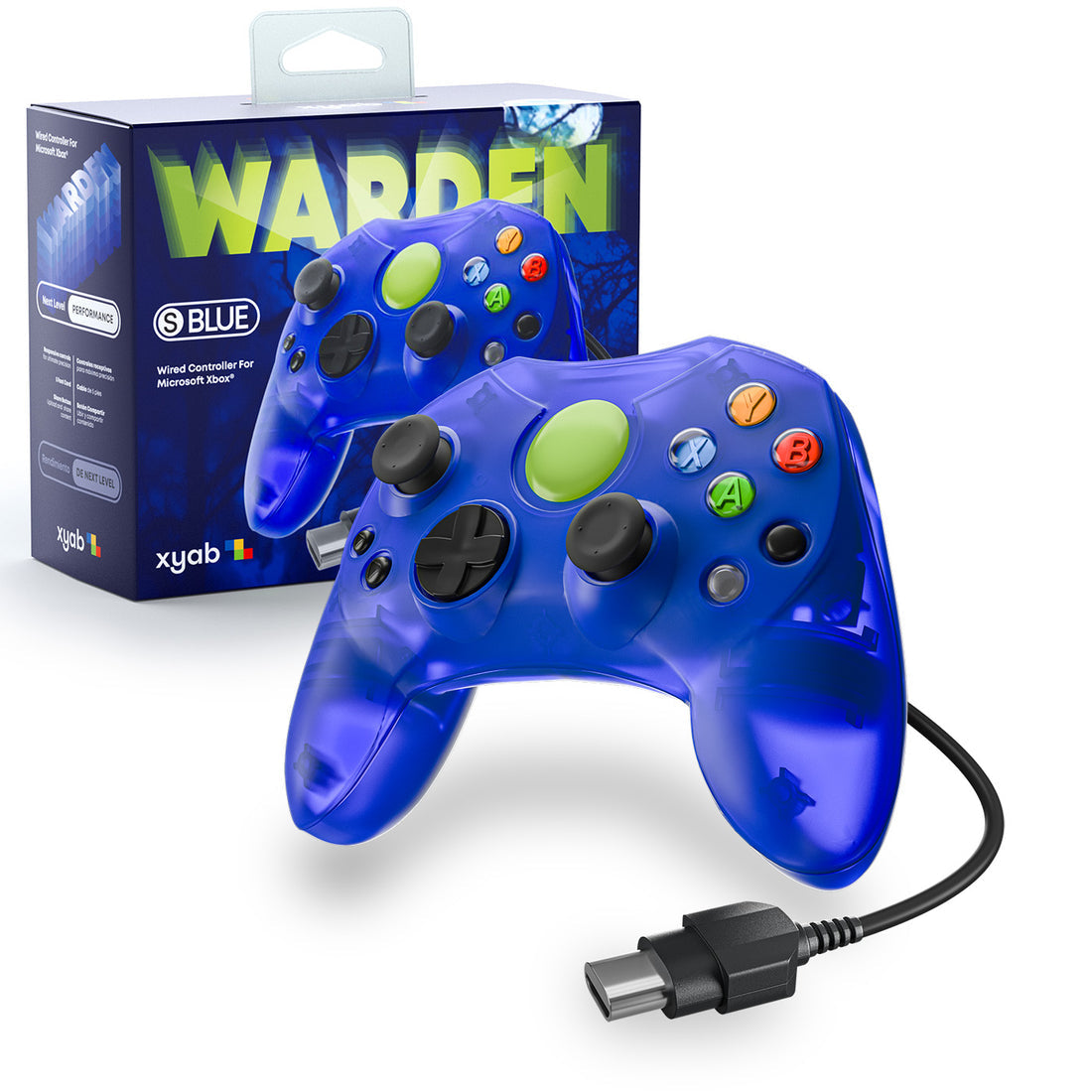 A clear blue Xbox Warden controller with a visible USB connector and a packaging box with the brand name XYAB on it.