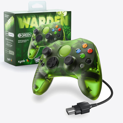 A clear green Xbox Warden controller with visible buttons and joysticks, alongside its packaging.