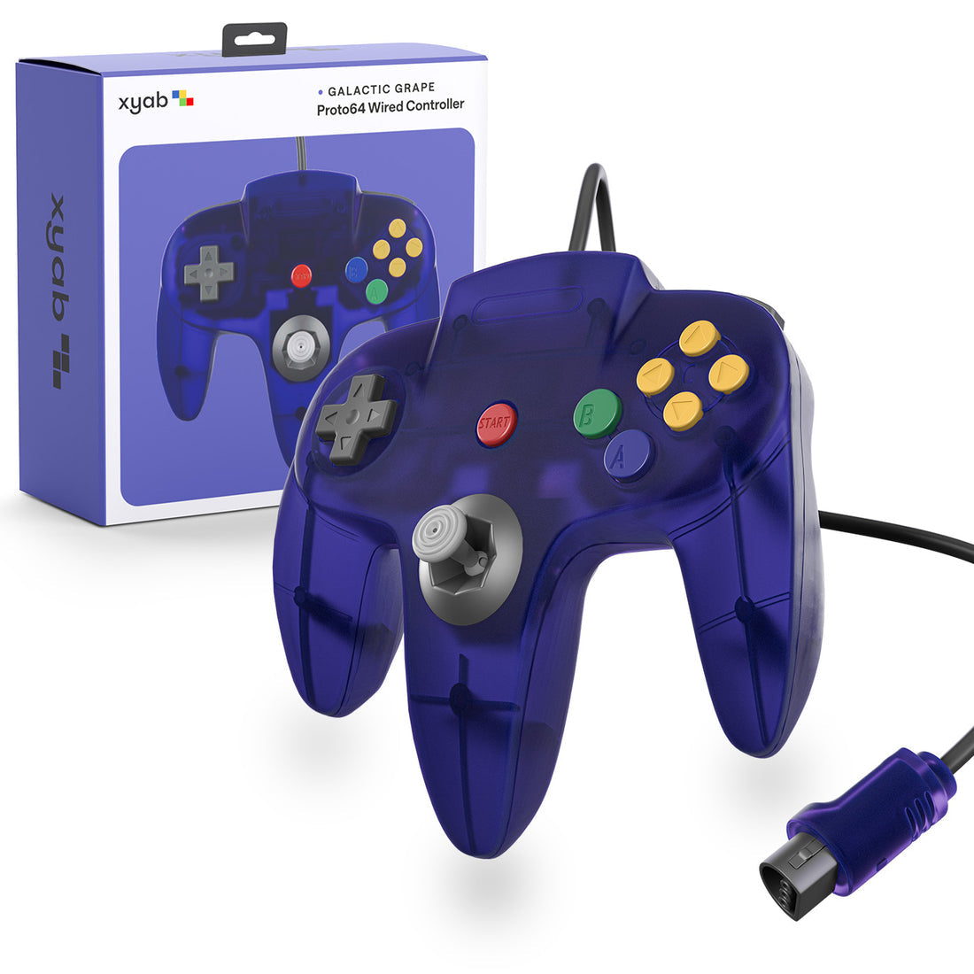 A replacement Nintendo 64 controller with a Galactic Grape color scheme, including a 5-foot cable. The packaging shows the controller and the brand name XYAB.