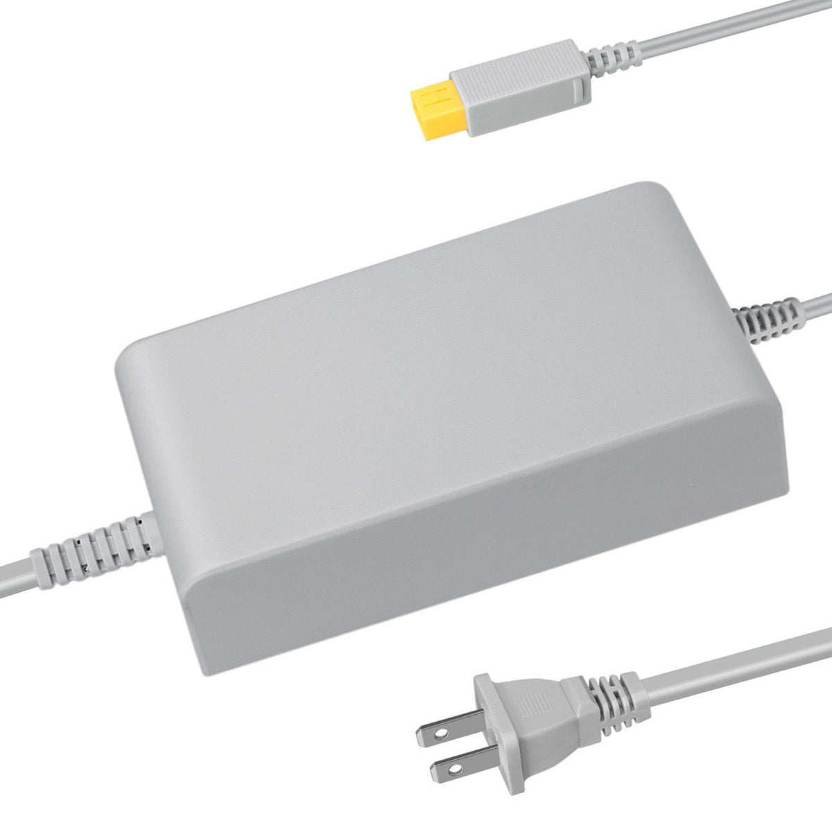 Gray power adapter with plug on a white background