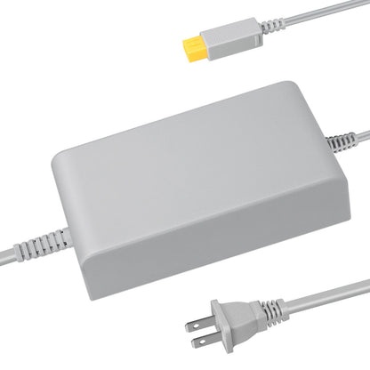 Gray power adapter with plug on a white background