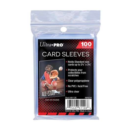 A pack of Ultra Pro card sleeves, labeled as Penny Sleeves, with a quantity of 100. The packaging is clear, allowing the red and black design of the sleeves to be visible, and includes an image of a baseball card.