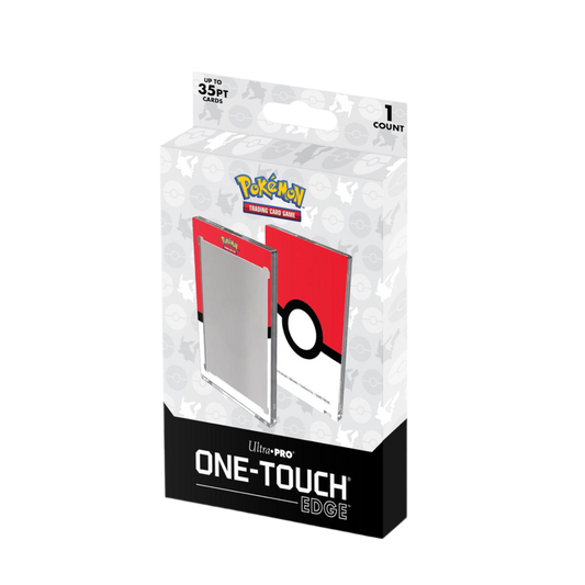 A product packaging for Ultra Pro Poké Ball One Touch Edge, which is a 35pt magnetic card holder for Pokémon trading cards with a Poké Ball design.