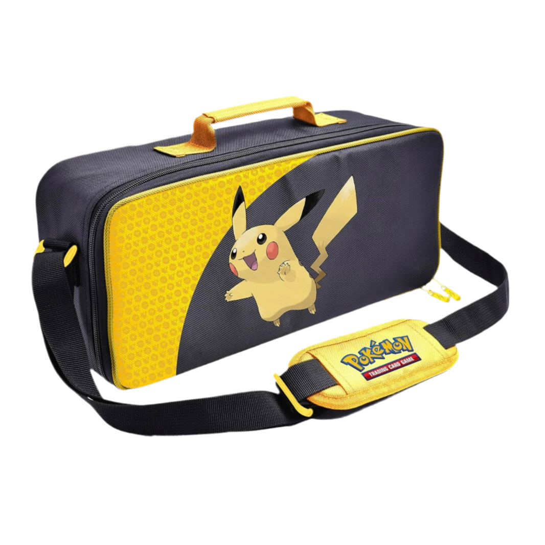 Black and yellow carrying case with Pikachu design on a white background