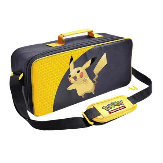 Black and yellow carrying case with Pikachu design on a white background
