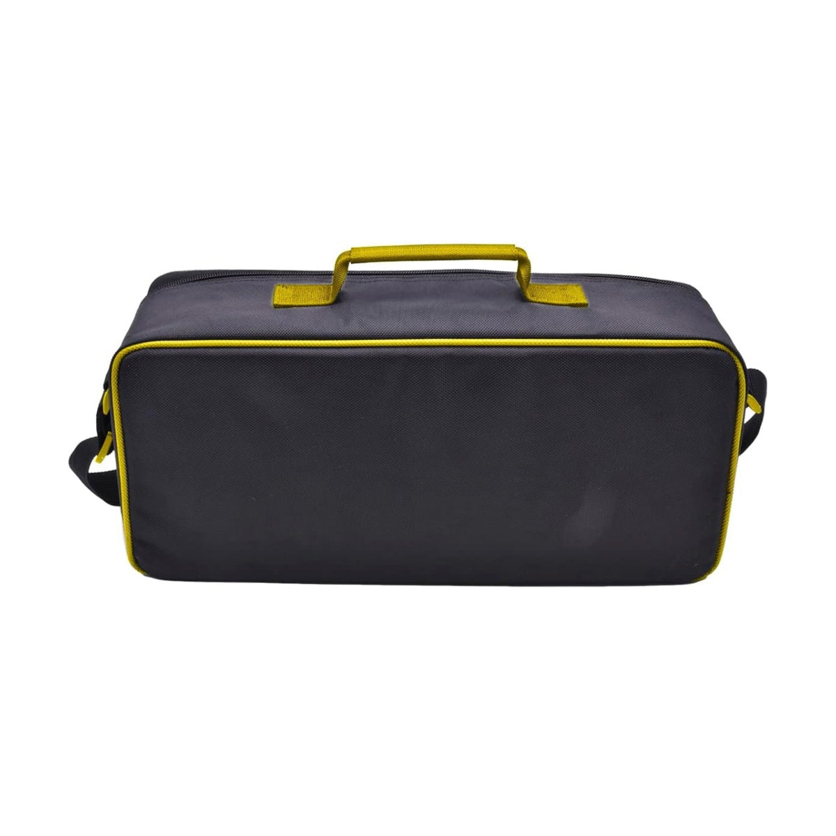 Black duffel bag with yellow accents on a white background
