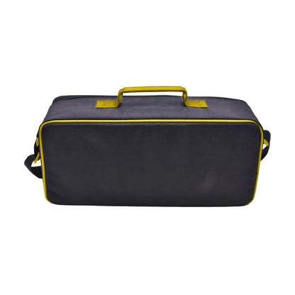 Black duffel bag with yellow accents on a white background