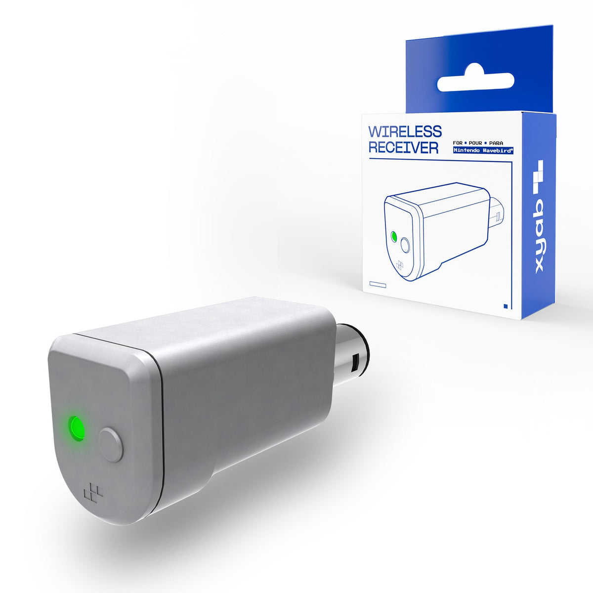 Wireless receiver with a green light on a white background, accompanied by its packaging.
